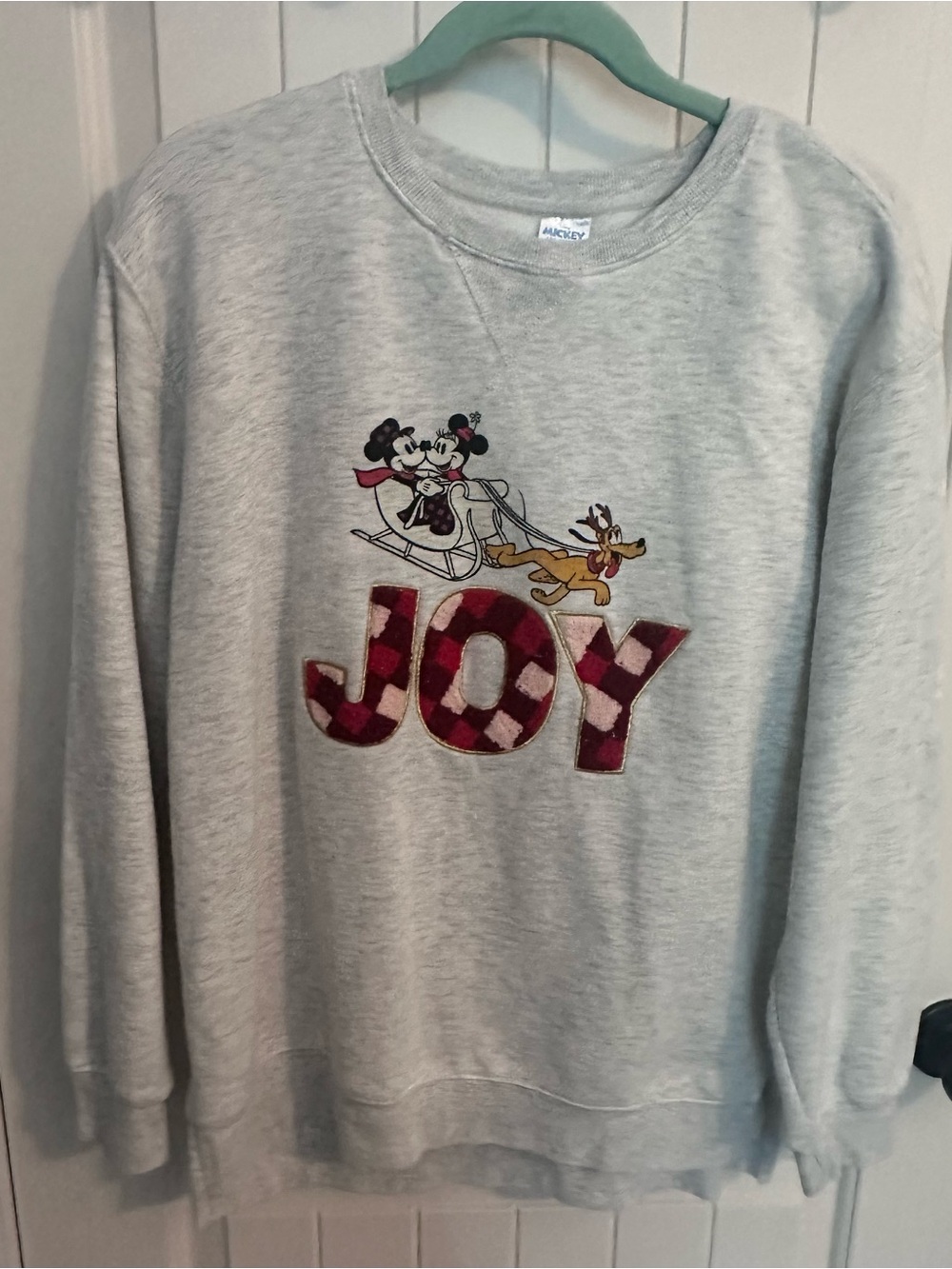 Disney Mickey & Friends Christmas Sweatshirt Large Mickey Minnie Pluto JOY Plaid